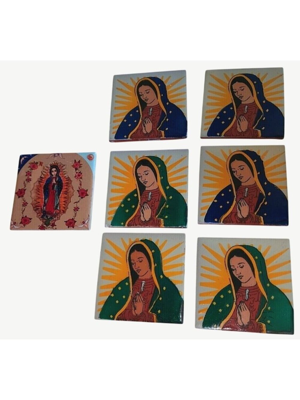 Lot of 7 Travertine Our Lady of Guadalupe Tiles Mexico•Q4